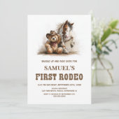 Cowboy Teddy Bear First Rodeo Birthday Party Einladung (Stehend Vorderseite)