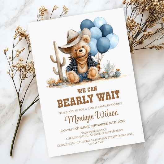 Cowboy Teddy Bear We Can Bearly Wait Baby Shower Einladung
