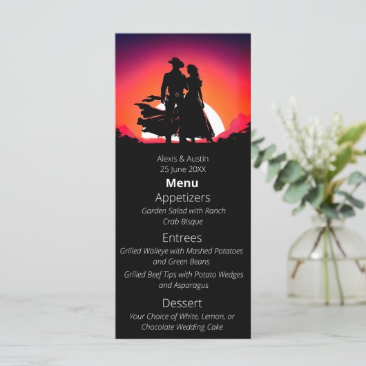Cowboy und Bride Sundown Western Style Wedding Menükarte (Stehend Vorderseite)