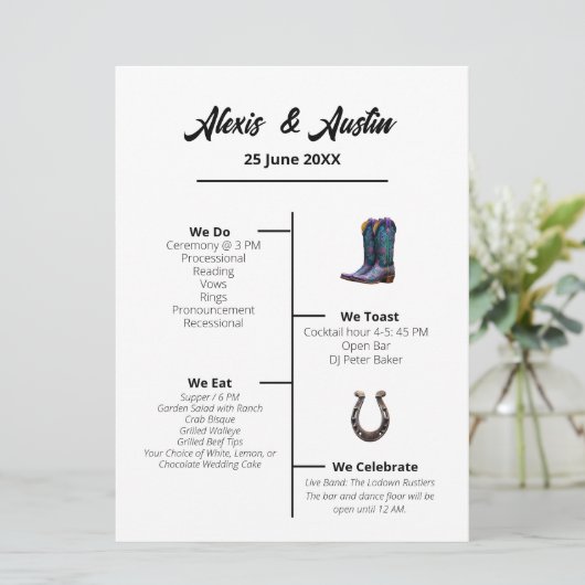 Cowboy und Bride Western Style Wedding Program Menükarte (Stehend Vorderseite)