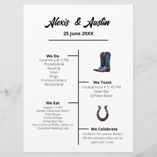 Cowboy und Bride Western Style Wedding Program Menükarte (Vorderseite)