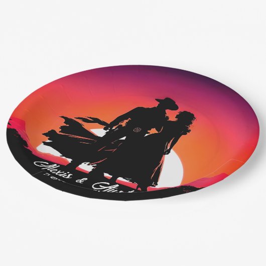 Cowboy und Cowgirl in Sundown Pappteller (Schrägansicht)