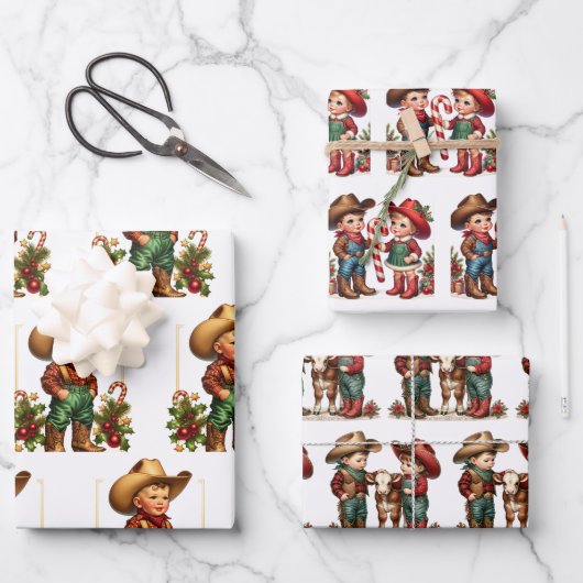 Cowboy und Cowgirl Kinder Weihnachten Geschenkpapier Set (Vorderseite)