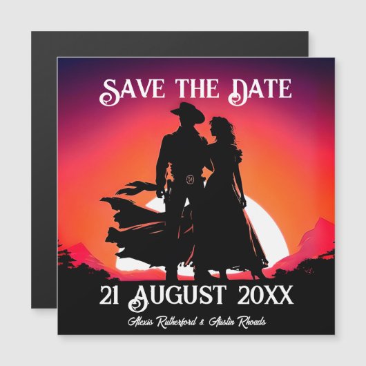 Cowboy und Cowgirl Save the Date in Sundown Magneteinladung (Vorne/Hinten)
