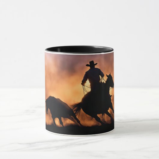 Cowboy und Cutting Pferd Steer Bull Sunset Tasse (Zentrum)
