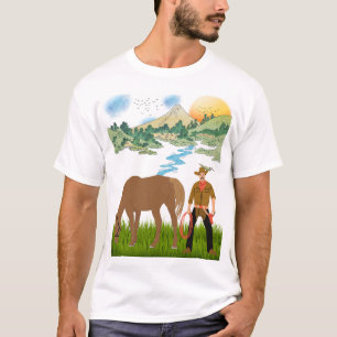 Cowboy- und grasendes Pferd-Berglandschaft T-Shirt