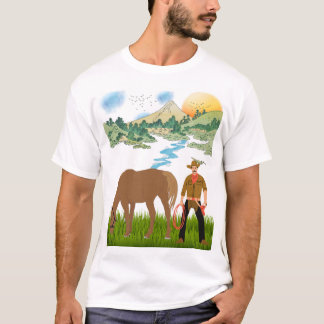 Cowboy- und grasendes Pferd-Berglandschaft T-Shirt