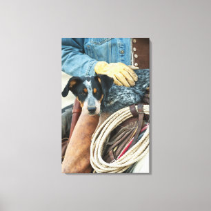 Cowboy und Hund auf Pferd Leinwanddruck