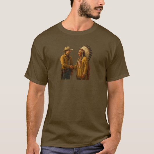 Cowboy und Indian Handshake - Wild West Unity T-Shirt (Vorderseite)