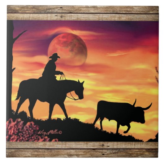 Cowboy und Longhorn Steer Fliese (Vorderseite)