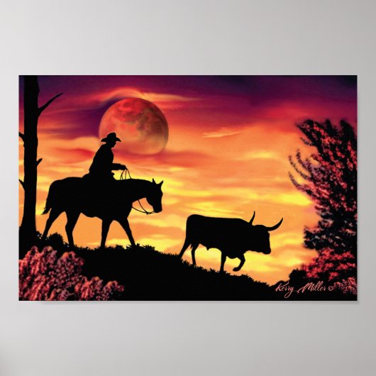 Cowboy und Longhorn Steer Poster (Vorne)