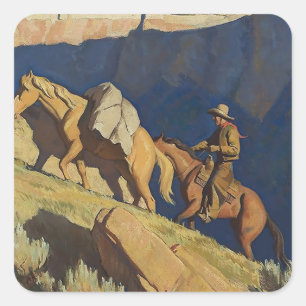 „Cowboy und Packpferd“ von Maynard Dixon Quadratischer Aufkleber