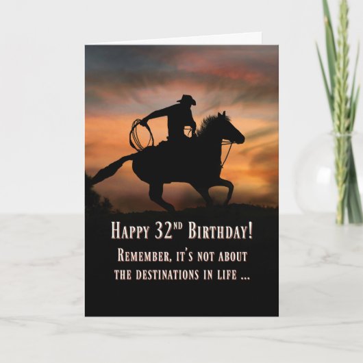 Cowboy und Pferd glücklich 32. Geburtstag Karte (Vorderseite)