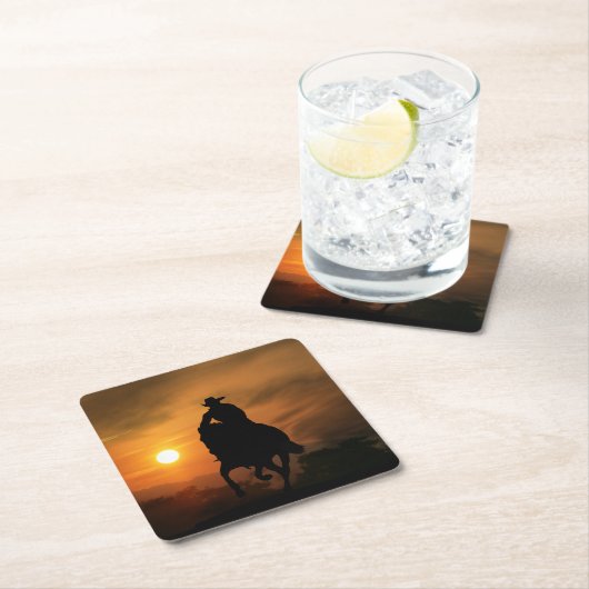 Cowboy und Pferd im Sonnenuntergang Untersetzer (Vor Ort)