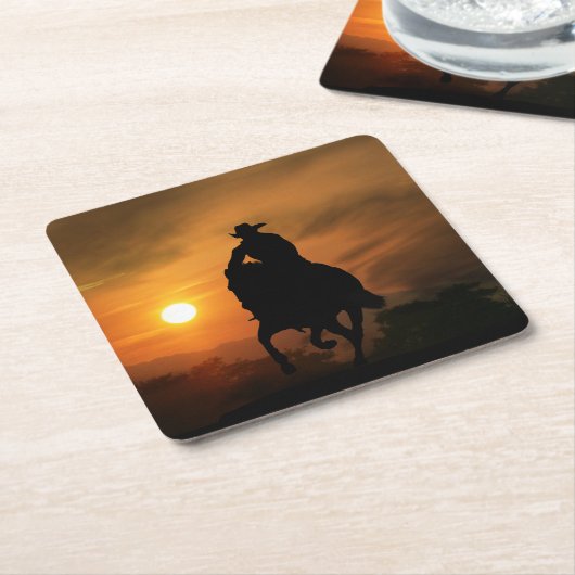Cowboy und Pferd im Sonnenuntergang Untersetzer (angewinkelt)