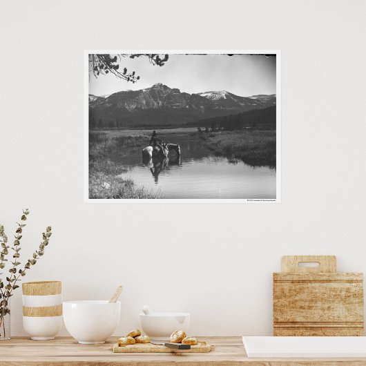 Cowboy und Pferd im Teich Poster (Küche)