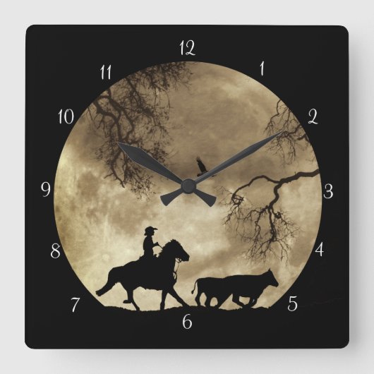 Cowboy und Pferd mit Steven im Mondlicht Quadratische Wanduhr (Vorderseite)