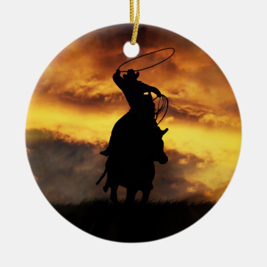 Cowboy und Pferd Roping Sunset Xmas Keramik Ornament (Vorne)