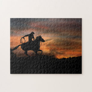Cowboy und Pferdereiten - Sonnenuntergang Puzzle