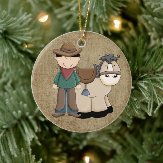 Cowboy und sein Pony und Sheriff-Abzeichen Keramik Ornament (Baum)