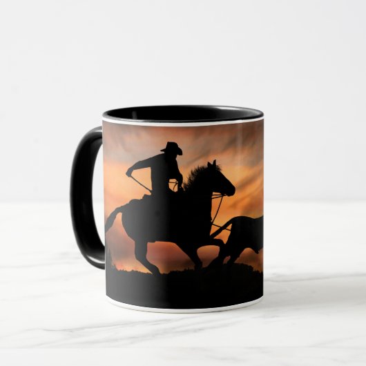 Cowboy und Steer Roping im Sonnenuntergang Tasse (Vorderseite Links)