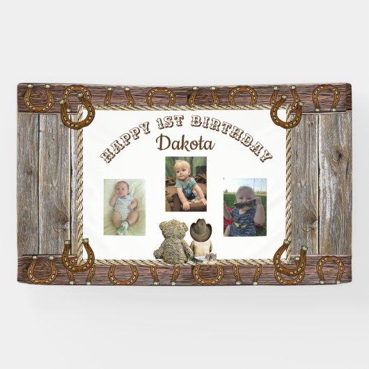 Cowboy und Teddy Bear 1. Geburtstag Party Banner (Horizontal)
