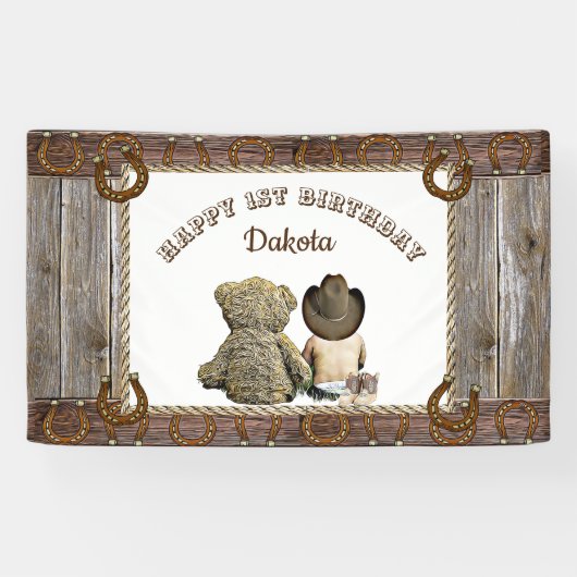 Cowboy und Teddy Bear 1. Geburtstag Party Banner (Horizontal)
