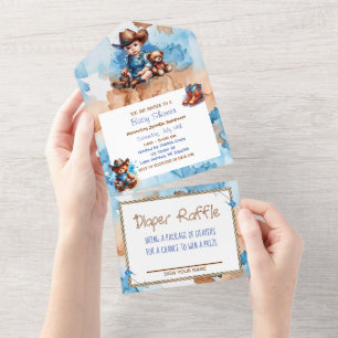 Cowboy und Teddy Bear Boy's Babydusche All In One Einladung