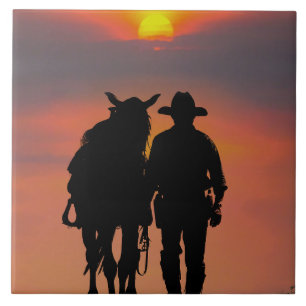 Cowboy und Western auf Pferden Ranch Sunset Fliese