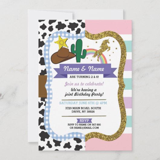 Cowboy & Unicorn Boys Girls Birthday Invites Einladung (Vorderseite)