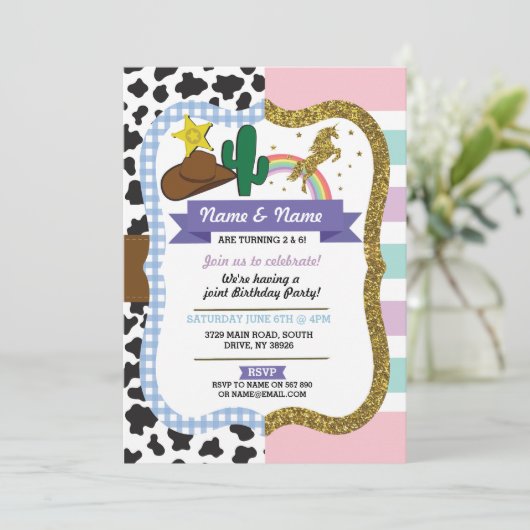 Cowboy & Unicorn Boys Girls Birthday Invites Einladung (Stehend Vorderseite)
