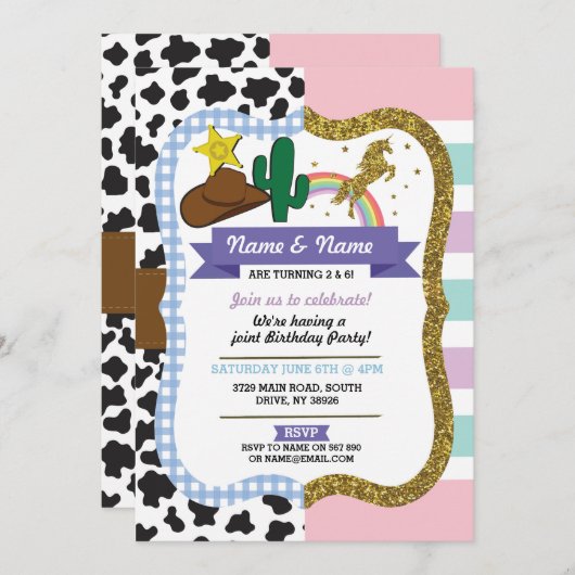 Cowboy & Unicorn Boys Girls Birthday Invites Einladung (Vorne/Hinten)