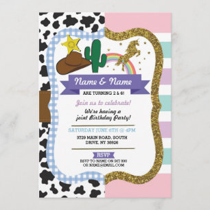 Cowboy & Unicorn Boys Girls Birthday Invites Einladung