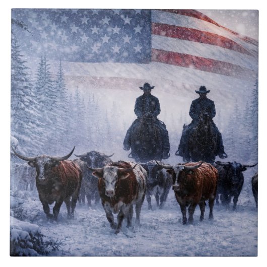 Cowboy-Viehtrieb-Winterkunstwerk Fliese (Vorderseite)