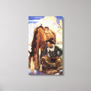 Cowboy Watering His Horse von NC Wyeth, Vintage Ku Leinwanddruck