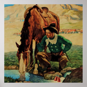 Cowboy Watering Seines Pferdes durch NC Wyeth Poster
