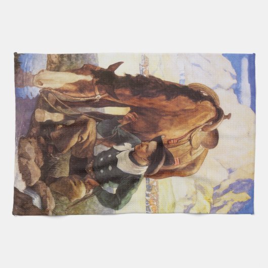 Cowboy Watering Seines Pferdes durch NC Wyeth, Vin Geschirrtuch (Horizontal)