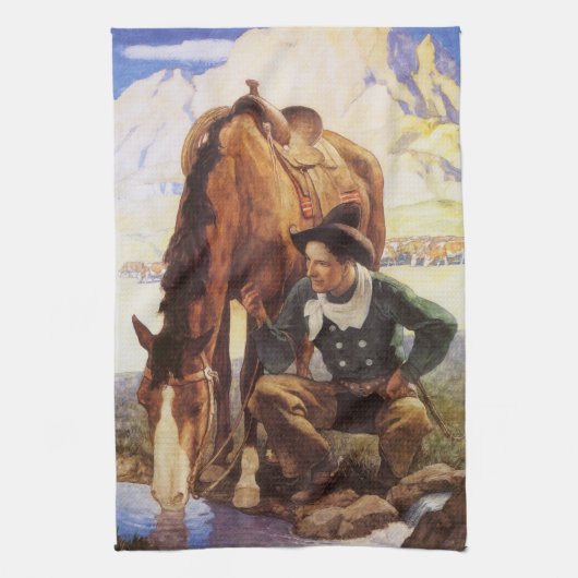 Cowboy Watering Seines Pferdes durch NC Wyeth, Vin Geschirrtuch (Vertikal)