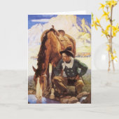 Cowboy Watering Seines Pferdes durch NC Wyeth, Vin Karte (Gelbe Blume)