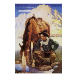 Cowboy Watering Seines Pferdes durch NC Wyeth, Vin Poster