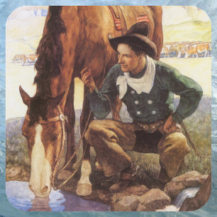 Cowboy Watering Seines Pferdes durch NC Wyeth, Vin Quadratischer Aufkleber
