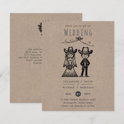 Cowboy Wedding Cartoon Bride Groom Handgezeichnet (Vorne/Hinten)