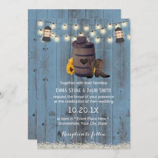 Cowboy Wedding Rustic Sonnenblume Lantern Dusty Bl Einladung (Vorne/Hinten)