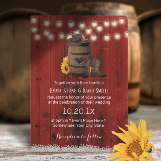 Cowboy Wedding Rustic Sunflower Red Barn Wood Einladung