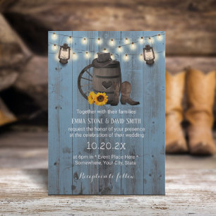 Cowboy Wedding Sunflower Lantern Dusty Blue Wood Einladung