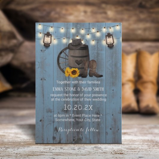 Cowboy Wedding Sunflower Lantern Dusty Blue Wood Einladung
