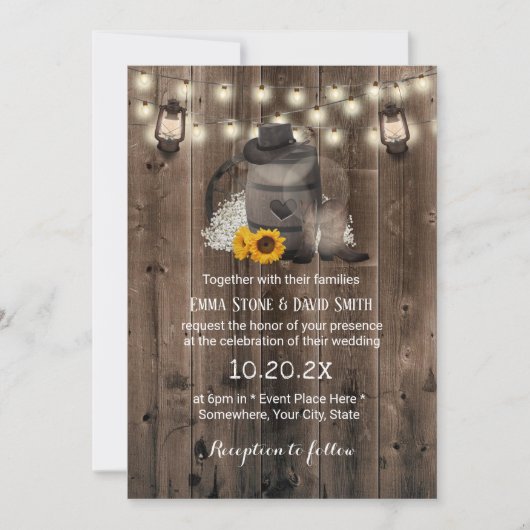 Cowboy Wedding Sunflower Lantern Rustic Barn Wood Einladung (Vorderseite)