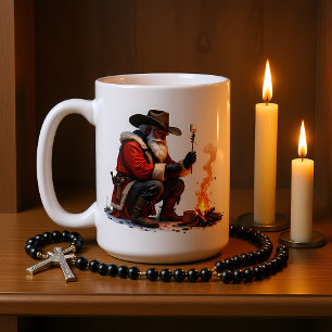 Cowboy-Weihnachtsmann röstet Lagerfeuer-Marshmallo Kaffeetasse