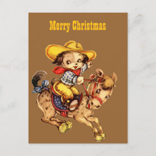 Cowboy-Welpe auf seinem Pferd Frohe Weihnachten
