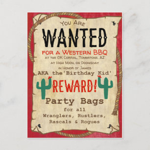 Cowboy Western BBQ Geburtstagsparty Gesuchtes Post Einladungspostkarte